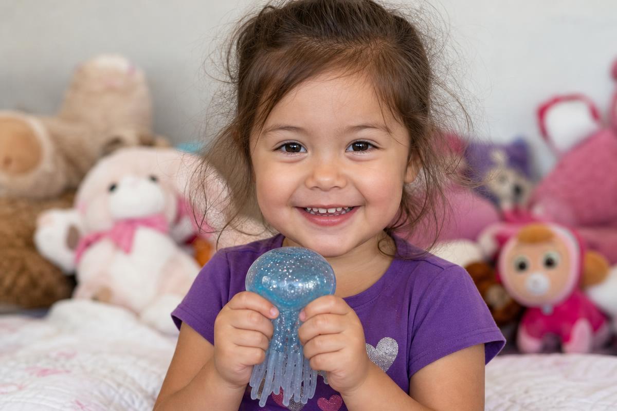 Happy child playing with a blue glittery Jelly Squish jellyfish toy